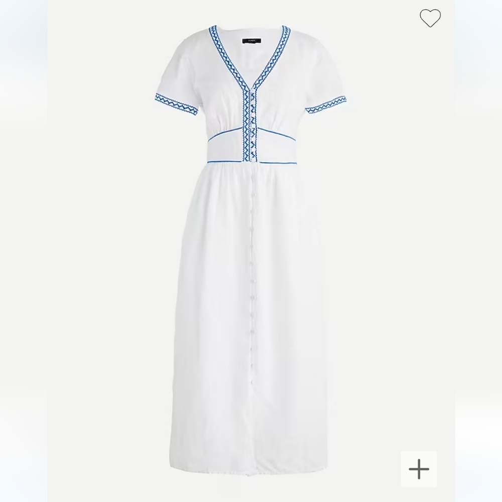 J. Crew White Midi Dress with Blue Embroidery